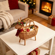 Christmas Deer Shaped Wicker Basket with Bells & Red Scarf, Handwoven Rattan Holiday Candy Basket with Four Legs & Handles for Xmas Party -ZENG-092005
