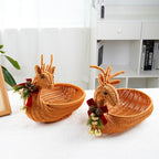 Christmas Reindeer Shaped Woven Basket with Red Bow, Pinecone & Bell Decor, Holiday Wicker Candy Snack Fruit Basket for Table Decor & Gift -ZENG-091612