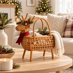 Christmas Deer Shaped Wicker Basket with Bells & Red Scarf, Handwoven Rattan Holiday Candy Basket with Four Legs & Handles for Xmas Party -ZENG-092005
