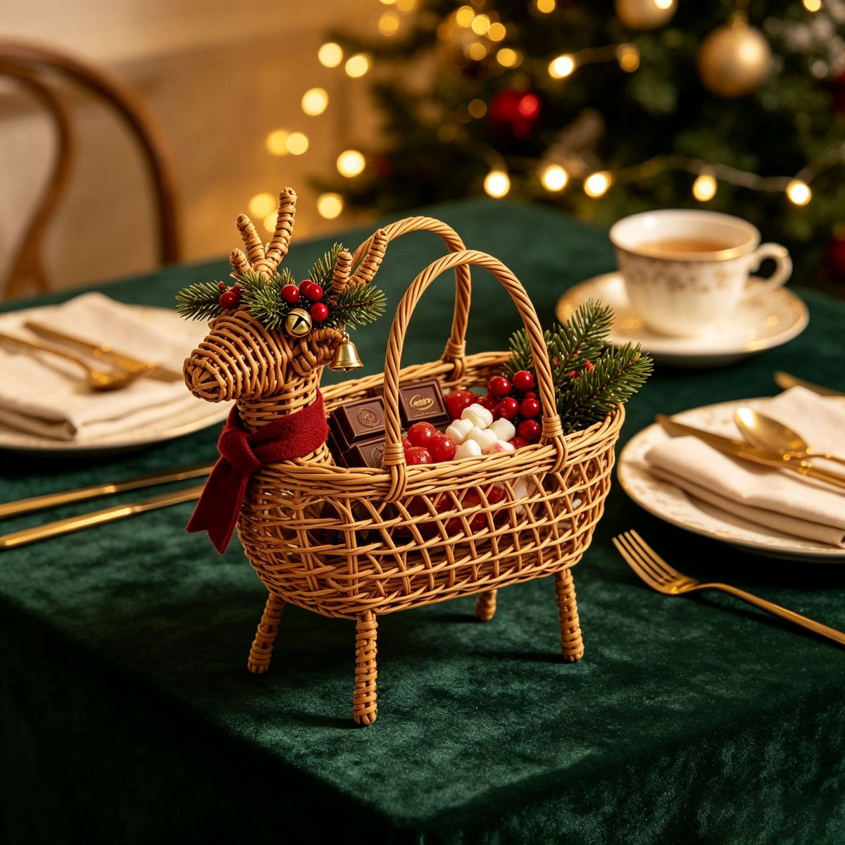 Christmas Deer Shaped Wicker Basket with Bells & Red Scarf, Handwoven Rattan Holiday Candy Basket with Four Legs & Handles for Xmas Party -ZENG-092005