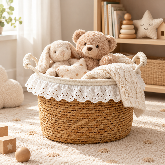 Wicker Storage Basket with White Lace Trim & Cotton Handles, Handwoven Rattan Towel Organizer for Bathroom, Bedroom & Nursery -ZENG-091714 Hover Image