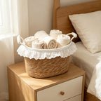 Wicker Storage Basket with White Lace Trim & Cotton Handles, Handwoven Rattan Towel Organizer for Bathroom, Bedroom & Nursery -ZENG-091714