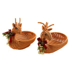 Christmas Reindeer Shaped Woven Basket with Red Bow, Pinecone & Bell Decor, Holiday Wicker Candy Snack Fruit Basket for Table Decor & Gift -ZENG-091612