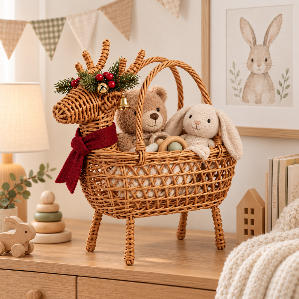 Christmas Deer Shaped Wicker Basket with Bells & Red Scarf, Handwoven Rattan Holiday Candy Basket with Four Legs & Handles for Xmas Party -ZENG-092005