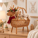 Christmas Deer Shaped Wicker Basket with Bells & Red Scarf, Handwoven Rattan Holiday Candy Basket with Four Legs & Handles for Xmas Party -ZENG-092005