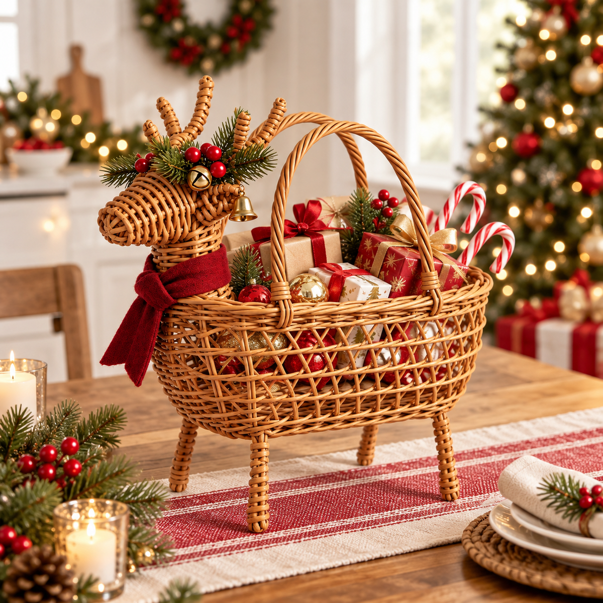 Christmas Deer Shaped Wicker Basket with Bells & Red Scarf, Handwoven Rattan Holiday Candy Basket with Four Legs & Handles for Xmas Party -ZENG-092005