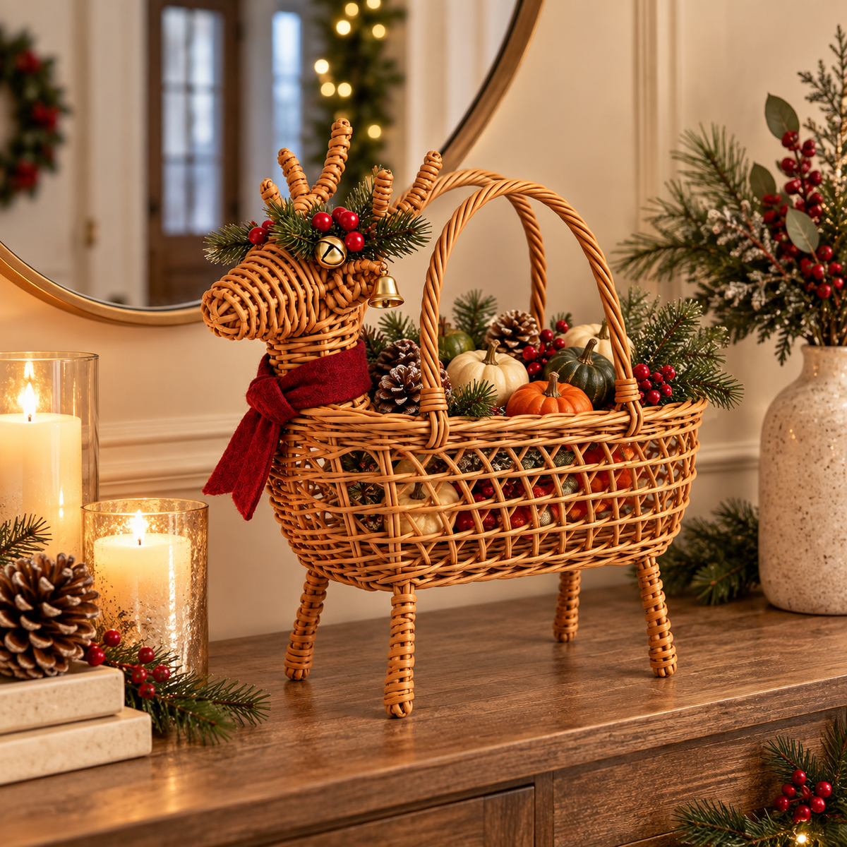 Christmas Deer Shaped Wicker Basket with Bells & Red Scarf, Handwoven Rattan Holiday Candy Basket with Four Legs & Handles for Xmas Party -ZENG-092005