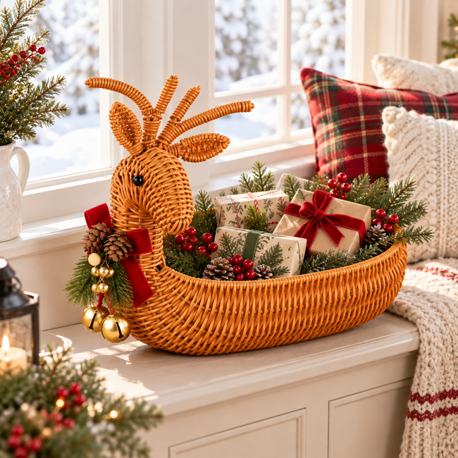 Christmas Reindeer Shaped Woven Basket with Red Bow, Pinecone & Bell Decor, Holiday Wicker Candy Snack Fruit Basket for Table Decor & Gift -ZENG-091612 Main Image