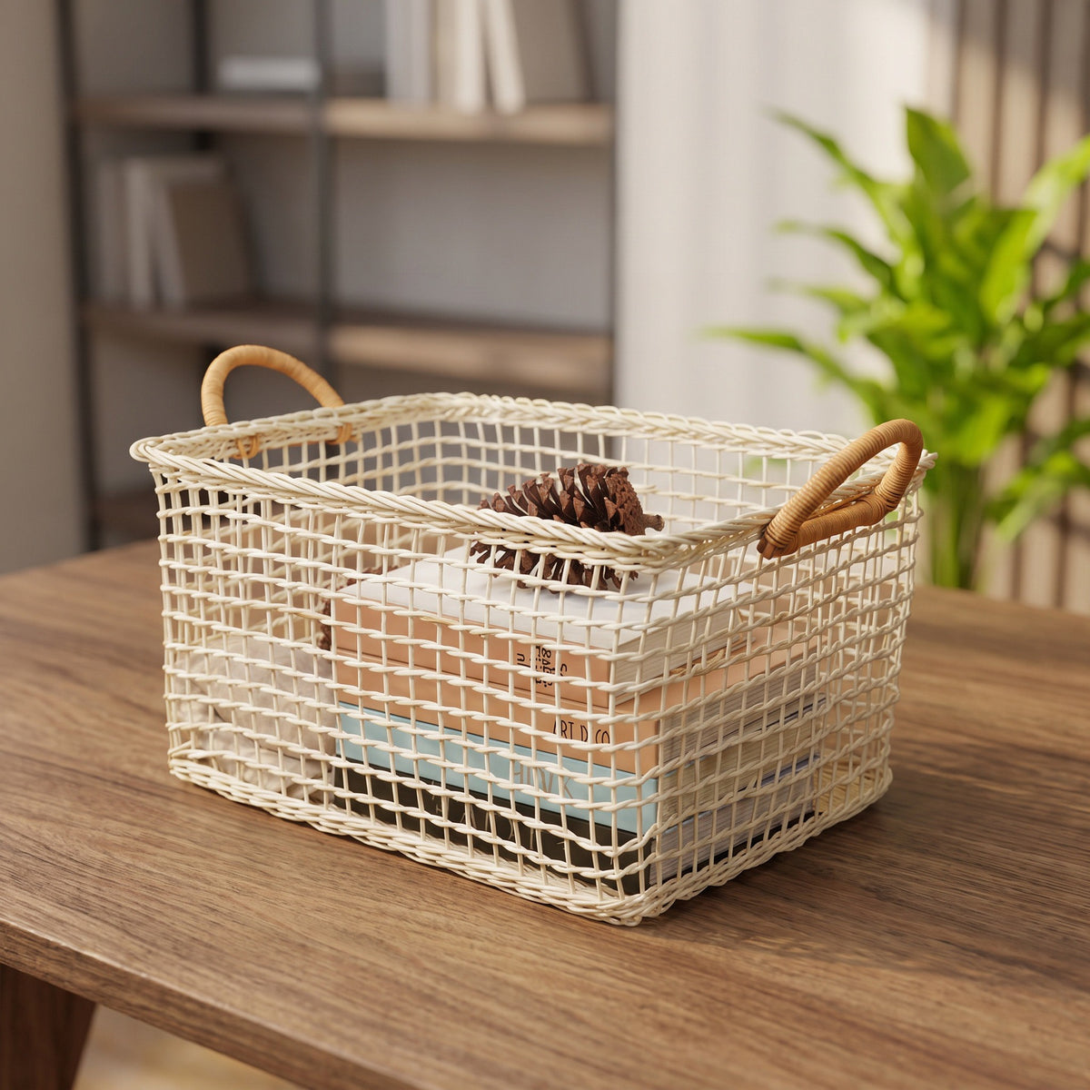 Woven Storage Basket with Handles | Open Weave Decorative Organizer for Shelves, Bedroom & Living Room-cc-092009