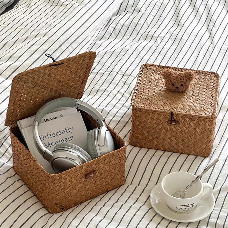 Cute Wicker Storage Baskets with Lids – Bear Decor Organizer Boxes for Toys, Accessories & Bedroom-cc-092404