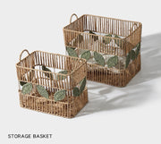 Rectangular Woven Storage Basket with Handles & Leaf Design – Large Decorative Organizer for Laundry, Toys, Blankets & Home Storage-cc-091802