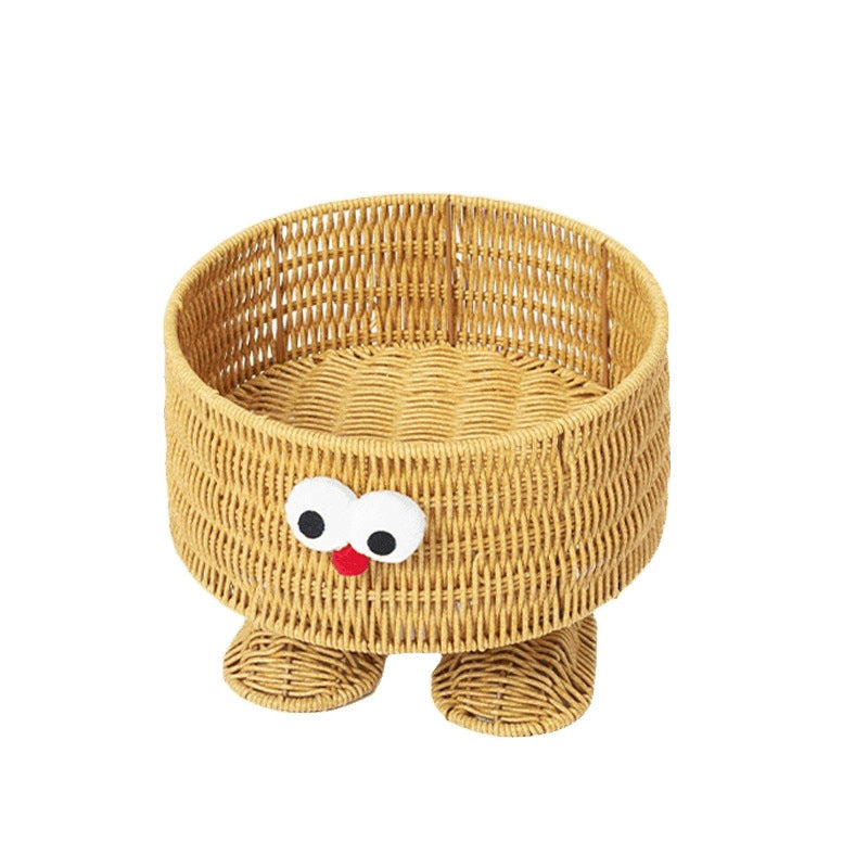 Cute Cartoon Eyes Round Woven Storage Basket with Feet, Handwoven Wicker Organizer Bin for Kids Toys, Snacks & Tabletop Home Decor -ZENG-091613