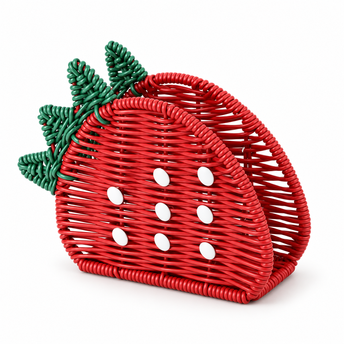 Strawberry Shaped Woven Tissue Box Cover with Green Leaf Top, Handmade Red Rattan Napkin Holder with White Dots for Table & Kitchen Decor -ZENG-092006