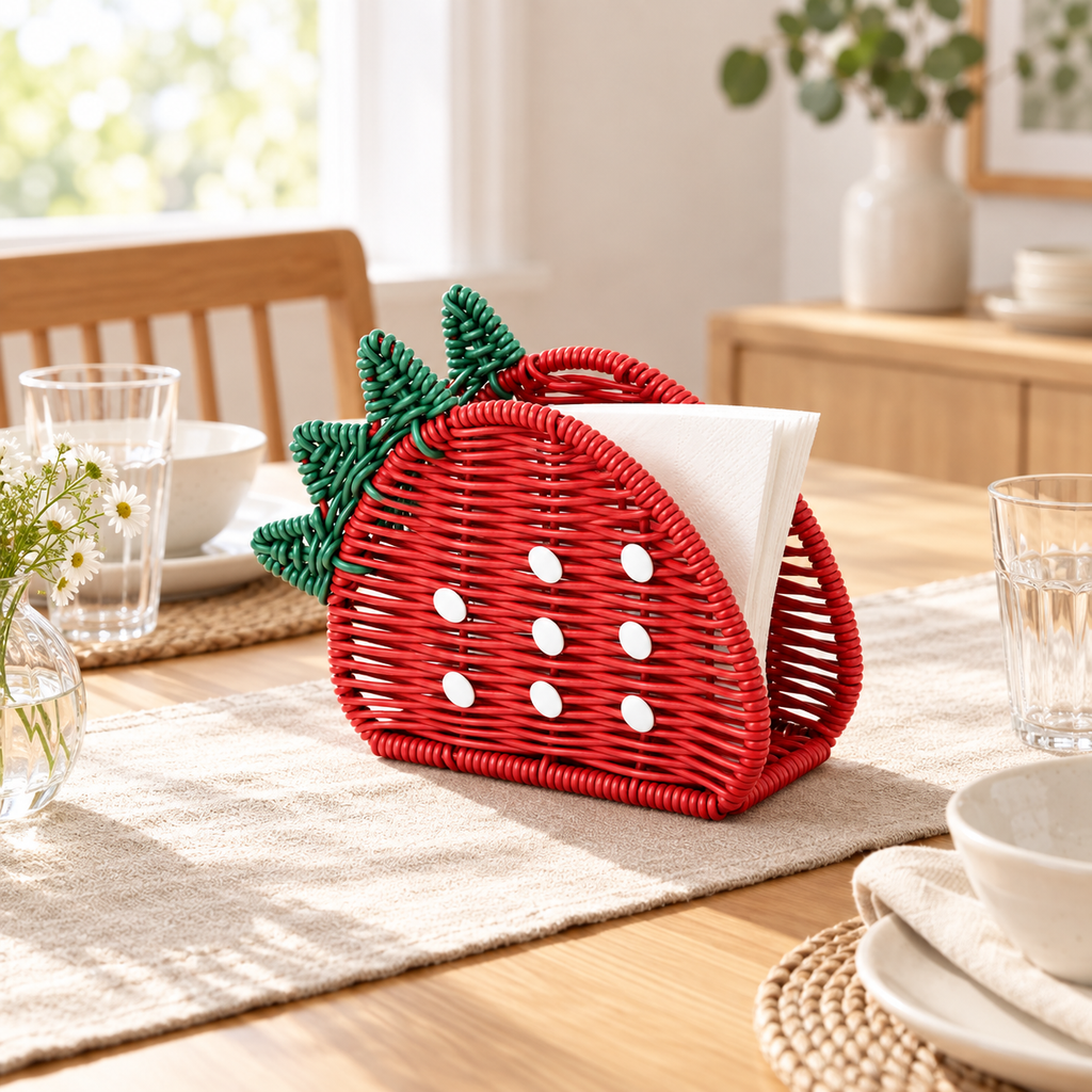 Strawberry Shaped Woven Tissue Box Cover with Green Leaf Top, Handmade Red Rattan Napkin Holder with White Dots for Table & Kitchen Decor -ZENG-092006