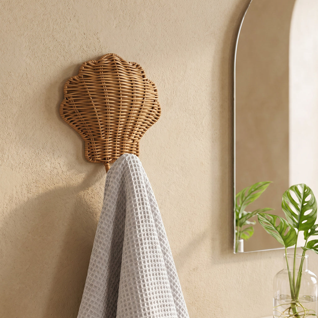 Seashell Shaped Wicker Wall Hook, Handwoven Rattan Coastal Decor Hanger for Hats, Towels & Bags, Beach Style Entryway Decoration -ZENG-091715