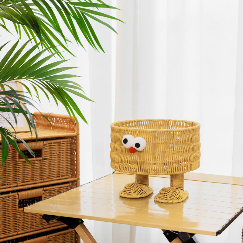 Cute Cartoon Eyes Round Woven Storage Basket with Feet, Handwoven Wicker Organizer Bin for Kids Toys, Snacks & Tabletop Home Decor -ZENG-091613