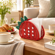 Strawberry Shaped Woven Tissue Box Cover with Green Leaf Top, Handmade Red Rattan Napkin Holder with White Dots for Table & Kitchen Decor -ZENG-092006