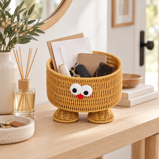 Cute Cartoon Eyes Round Woven Storage Basket with Feet, Handwoven Wicker Organizer Bin for Kids Toys, Snacks & Tabletop Home Decor -ZENG-091613 Main Image
