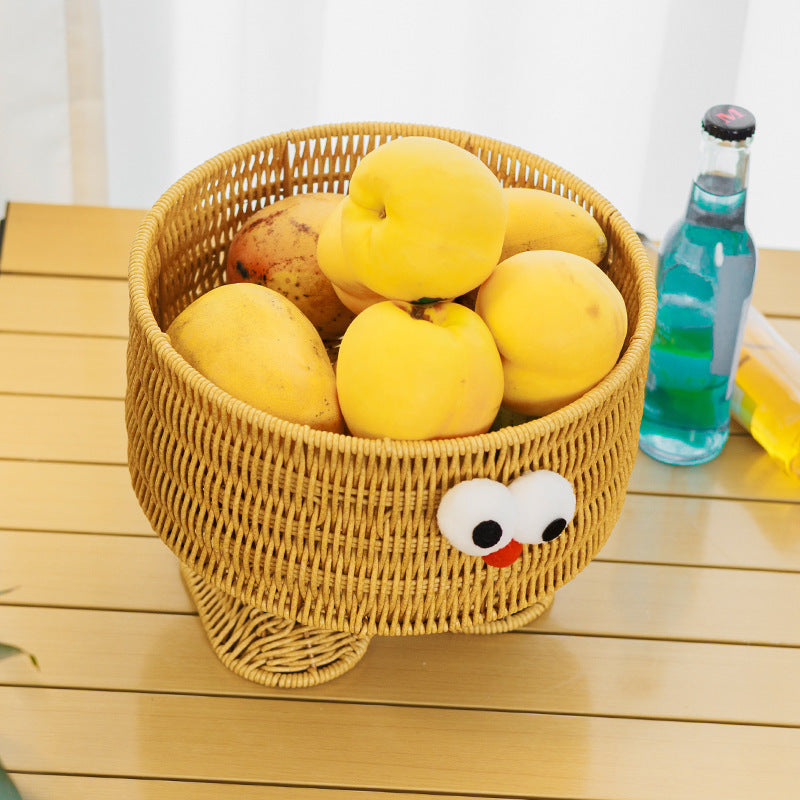 Cute Cartoon Eyes Round Woven Storage Basket with Feet, Handwoven Wicker Organizer Bin for Kids Toys, Snacks & Tabletop Home Decor -ZENG-091613