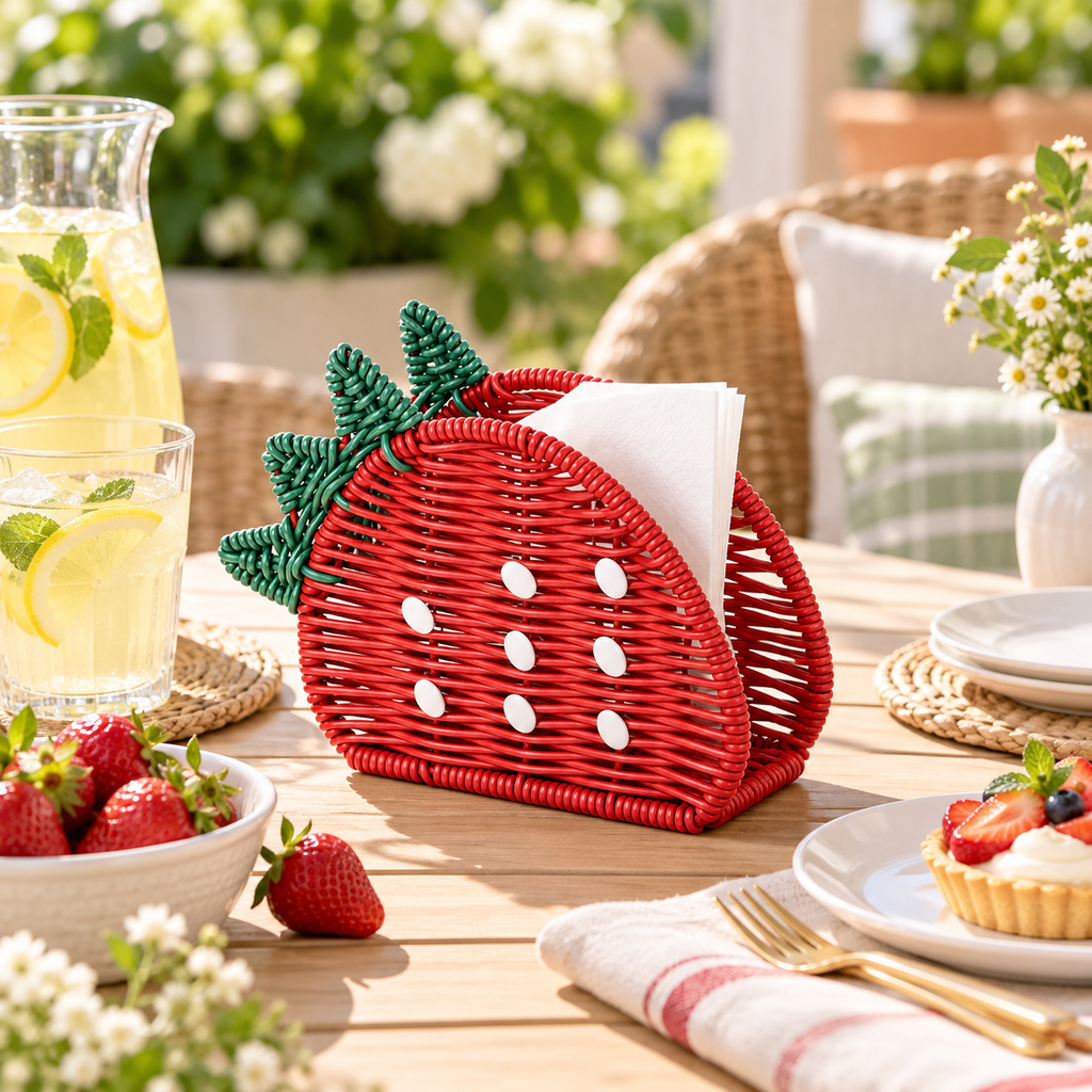 Strawberry Shaped Woven Tissue Box Cover with Green Leaf Top, Handmade Red Rattan Napkin Holder with White Dots for Table & Kitchen Decor -ZENG-092006