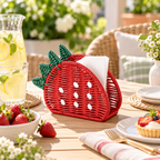 Strawberry Shaped Woven Tissue Box Cover with Green Leaf Top, Handmade Red Rattan Napkin Holder with White Dots for Table & Kitchen Decor -ZENG-092006