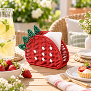 Strawberry Shaped Woven Tissue Box Cover with Green Leaf Top, Handmade Red Rattan Napkin Holder with White Dots for Table & Kitchen Decor -ZENG-092006