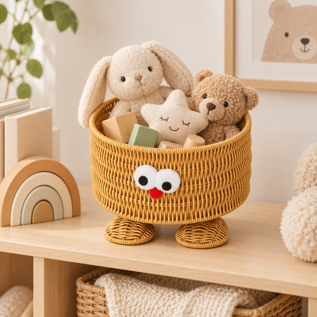 Cute Cartoon Eyes Round Woven Storage Basket with Feet, Handwoven Wicker Organizer Bin for Kids Toys, Snacks & Tabletop Home Decor -ZENG-091613 Hover Image
