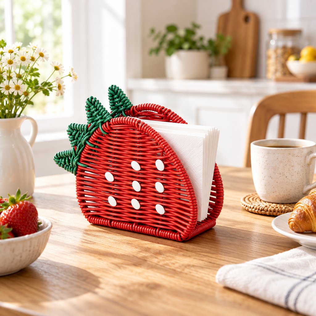 Strawberry Shaped Woven Tissue Box Cover with Green Leaf Top, Handmade Red Rattan Napkin Holder with White Dots for Table & Kitchen Decor -ZENG-092006
