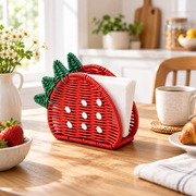 Strawberry Shaped Woven Tissue Box Cover with Green Leaf Top, Handmade Red Rattan Napkin Holder with White Dots for Table & Kitchen Decor -ZENG-092006