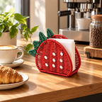 Strawberry Shaped Woven Tissue Box Cover with Green Leaf Top, Handmade Red Rattan Napkin Holder with White Dots for Table & Kitchen Decor -ZENG-092006
