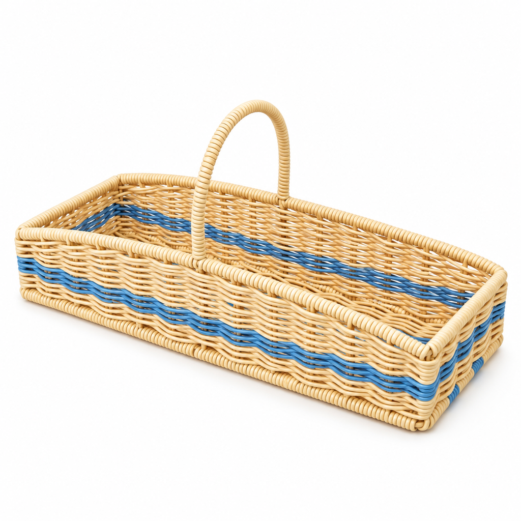 Cream & Blue Woven Basket with Handles, Handmade Wicker Coffee Corner Organizer for Coffee Bags, Sugar & Kitchen Counter Storage -ZENG-092007