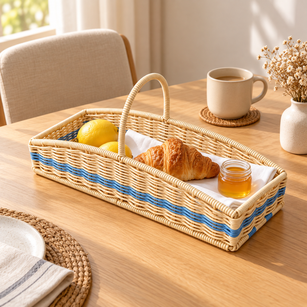 Cream & Blue Woven Basket with Handles, Handmade Wicker Coffee Corner Organizer for Coffee Bags, Sugar & Kitchen Counter Storage -ZENG-092007