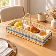 Cream & Blue Woven Basket with Handles, Handmade Wicker Coffee Corner Organizer for Coffee Bags, Sugar & Kitchen Counter Storage -ZENG-092007