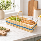 Cream & Blue Woven Basket with Handles, Handmade Wicker Coffee Corner Organizer for Coffee Bags, Sugar & Kitchen Counter Storage -ZENG-092007