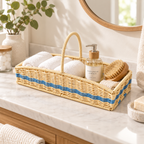 Cream & Blue Woven Basket with Handles, Handmade Wicker Coffee Corner Organizer for Coffee Bags, Sugar & Kitchen Counter Storage -ZENG-092007
