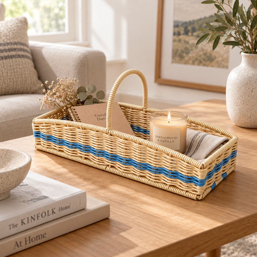 Cream & Blue Woven Basket with Handles, Handmade Wicker Coffee Corner Organizer for Coffee Bags, Sugar & Kitchen Counter Storage -ZENG-092007
