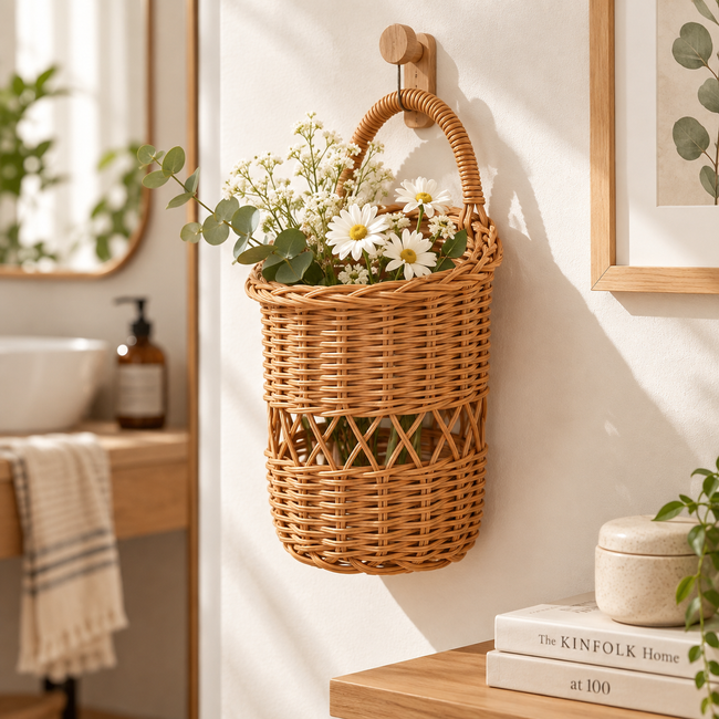 Open Weave Wicker Wall Hanging Flower Basket with Handle & Invisible Hook, Decorative Woven Wall Planter for Fresh & Dried Flowers, Farmhouse Wall Decor -ZENG-091614 Main Image