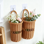 Open Weave Wicker Wall Hanging Flower Basket with Handle & Invisible Hook, Decorative Woven Wall Planter for Fresh & Dried Flowers, Farmhouse Wall Decor -ZENG-091614