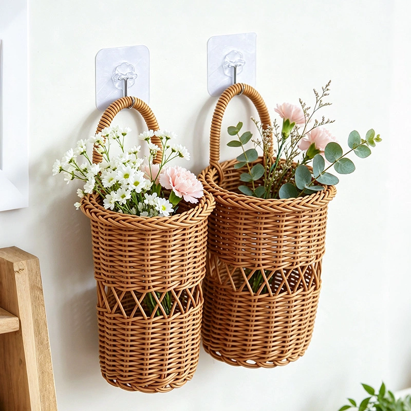 Open Weave Wicker Wall Hanging Flower Basket with Handle & Invisible Hook, Decorative Woven Wall Planter for Fresh & Dried Flowers, Farmhouse Wall Decor -ZENG-091614