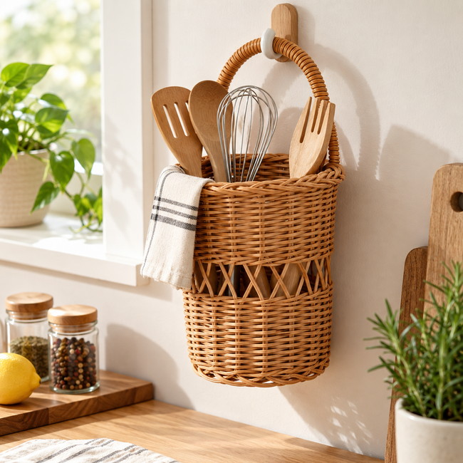 Open Weave Wicker Wall Hanging Flower Basket with Handle & Invisible Hook, Decorative Woven Wall Planter for Fresh & Dried Flowers, Farmhouse Wall Decor -ZENG-091614 Hover Image