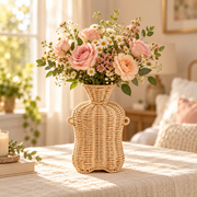 Handwoven Wicker Vase with Double Ears, Natural Rattan Flower Vase with Side Handles for Faux Bouquets, Roses & Farmhouse Table Decor -ZENG-092008