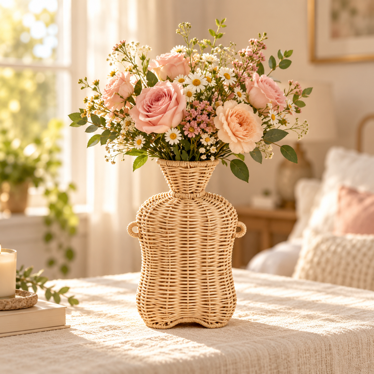 Handwoven Wicker Vase with Double Ears, Natural Rattan Flower Vase with Side Handles for Faux Bouquets, Roses & Farmhouse Table Decor -ZENG-092008