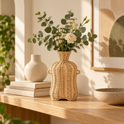Handwoven Wicker Vase with Double Ears, Natural Rattan Flower Vase with Side Handles for Faux Bouquets, Roses & Farmhouse Table Decor -ZENG-092008