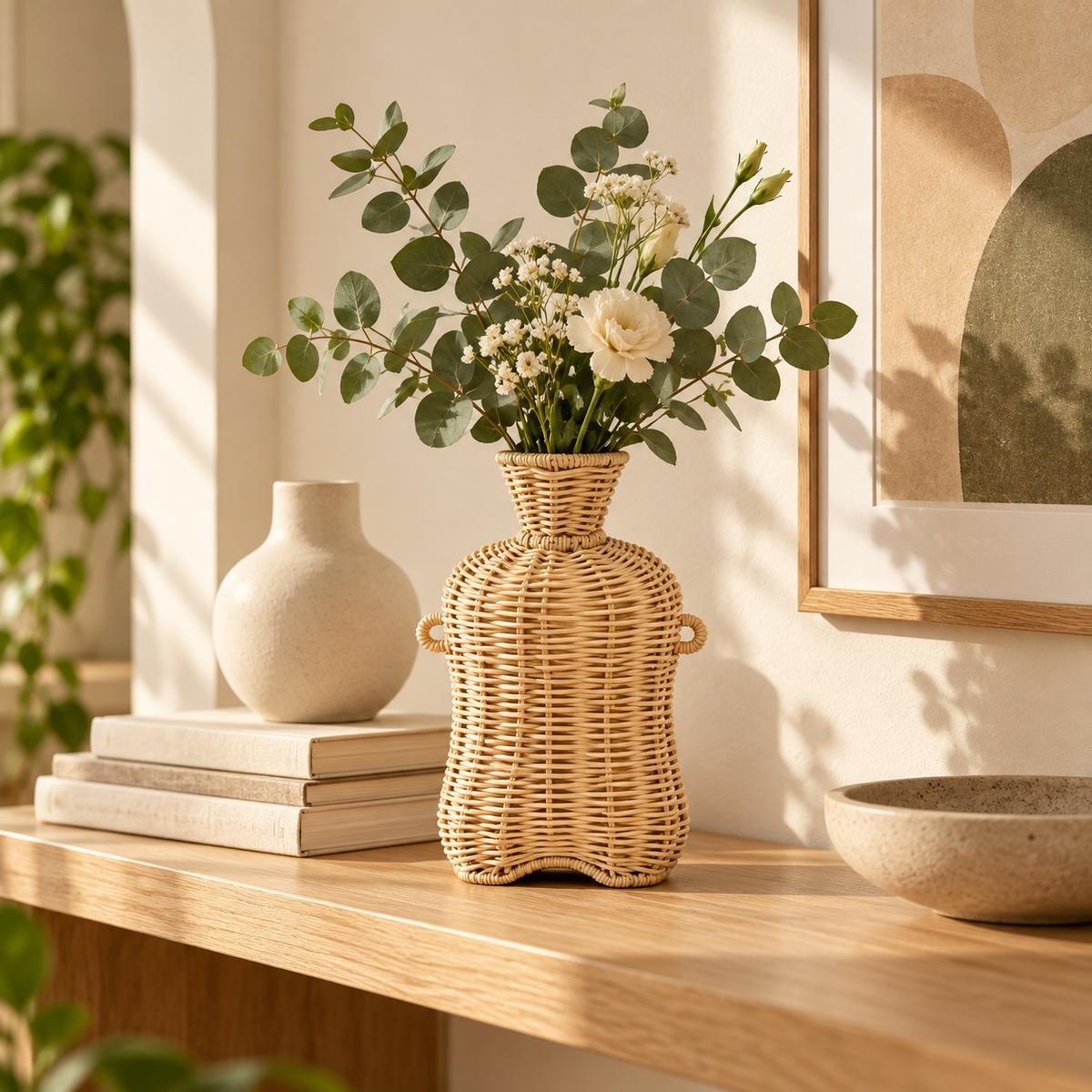 Handwoven Wicker Vase with Double Ears, Natural Rattan Flower Vase with Side Handles for Faux Bouquets, Roses & Farmhouse Table Decor -ZENG-092008