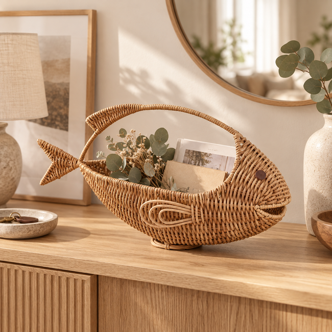 Fish Shaped Wicker Fruit Basket with Arched Handle, Handwoven Rattan Storage Basket for Lemons, Limes & Kitchen Counter Decor -ZENG-091717 Main Image