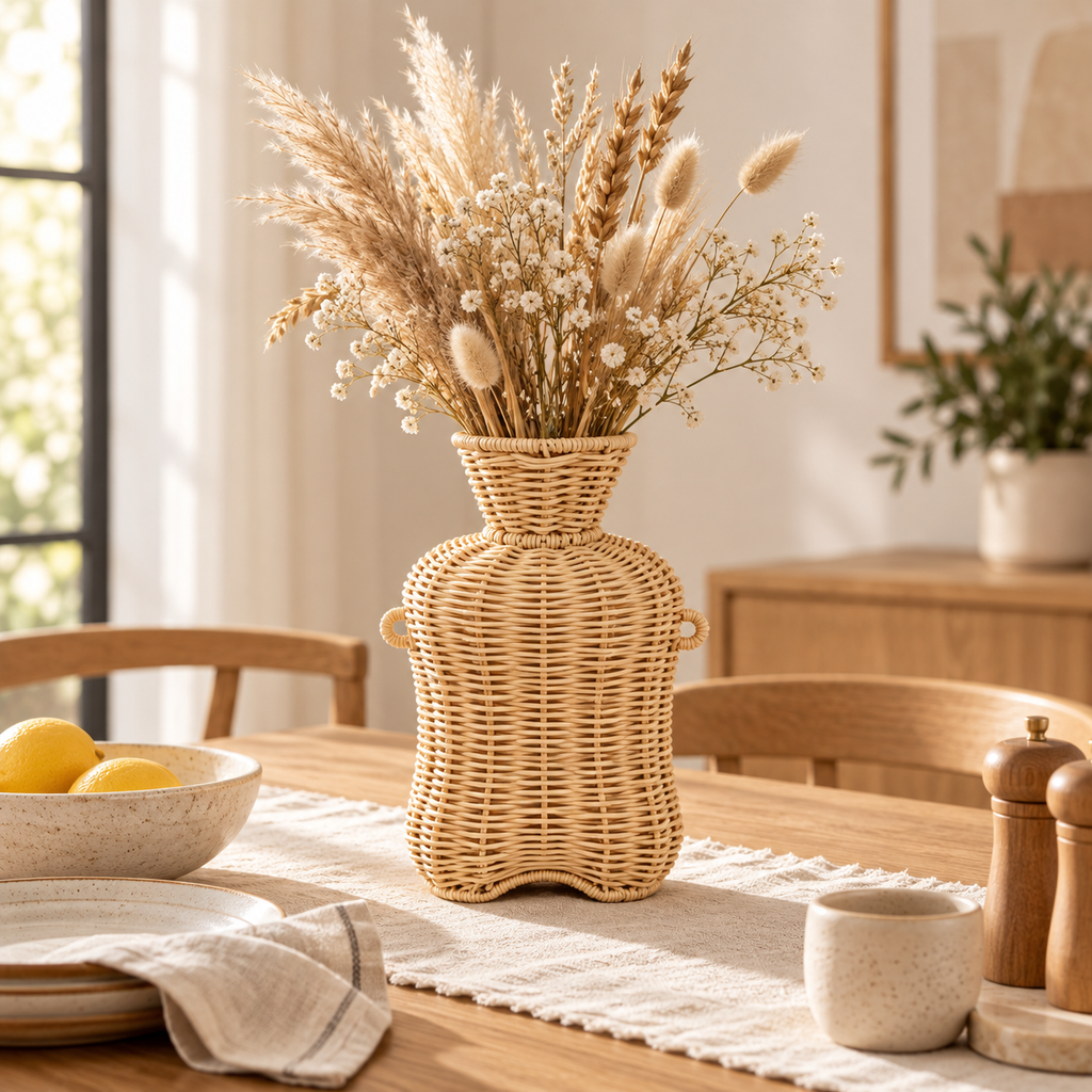 Handwoven Wicker Vase with Double Ears, Natural Rattan Flower Vase with Side Handles for Faux Bouquets, Roses & Farmhouse Table Decor -ZENG-092008