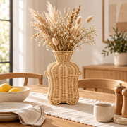 Handwoven Wicker Vase with Double Ears, Natural Rattan Flower Vase with Side Handles for Faux Bouquets, Roses & Farmhouse Table Decor -ZENG-092008