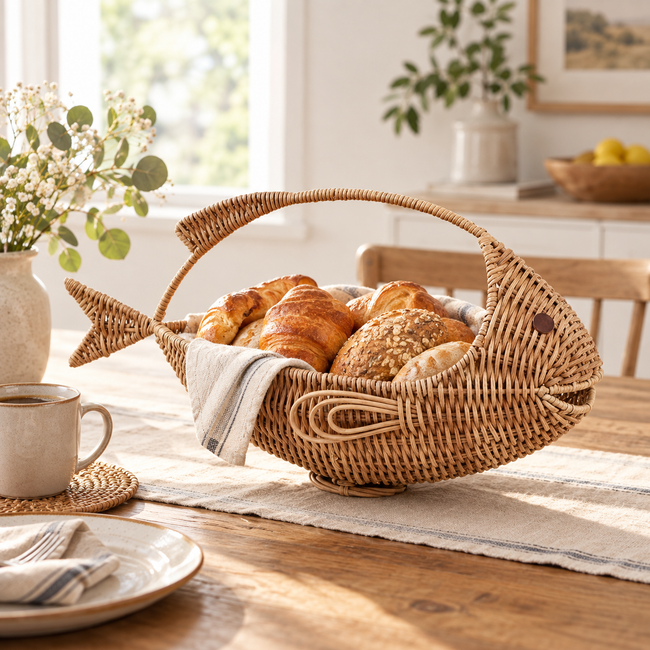 Fish Shaped Wicker Fruit Basket with Arched Handle, Handwoven Rattan Storage Basket for Lemons, Limes & Kitchen Counter Decor -ZENG-091717 Hover Image