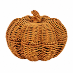 Woven Pumpkin Decor for Fall Table, Handmade Wicker Pumpkin Ornament with Leaf Stem, Autumn Farmhouse Centerpiece & Thanksgiving Decor -ZENG-092009
