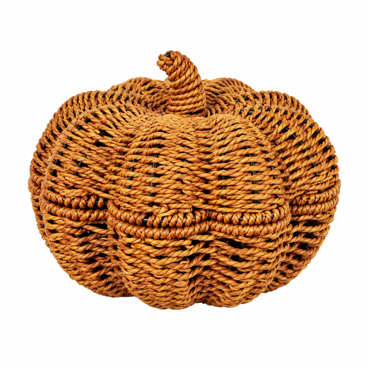 Woven Pumpkin Decor for Fall Table, Handmade Wicker Pumpkin Ornament with Leaf Stem, Autumn Farmhouse Centerpiece & Thanksgiving Decor -ZENG-092009